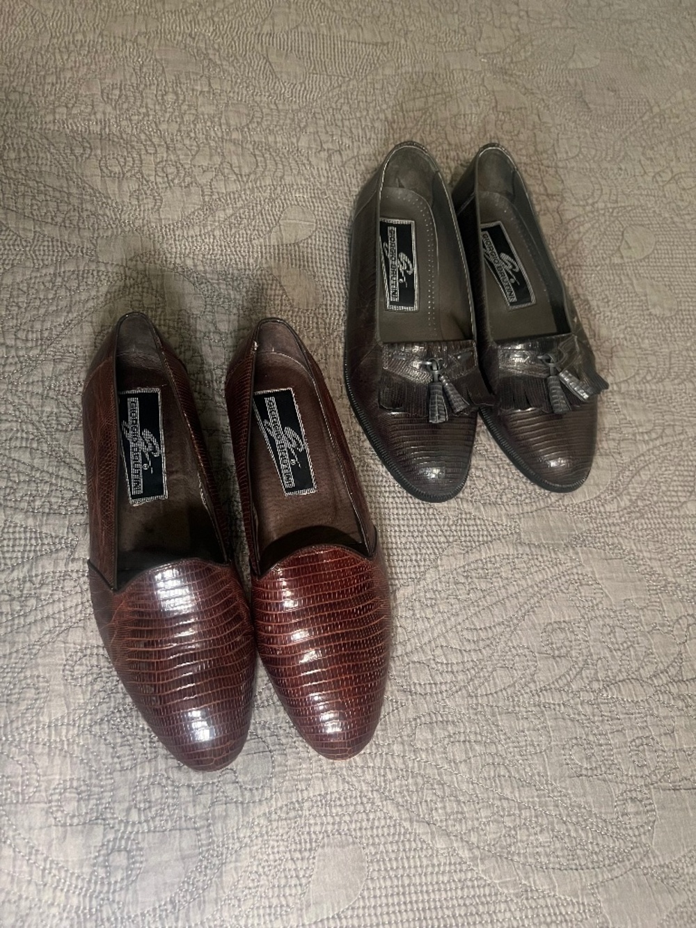 Genuine Lizard Loafers, 2 pairs, One Gray w/Tassels, One Brown Slipper Style, 9